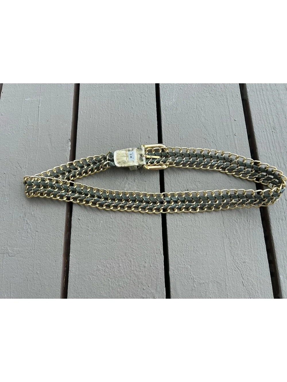 Retro Metallic Gold Green Woven Mesh Chain Belt Braided Crochet Size S/ M.